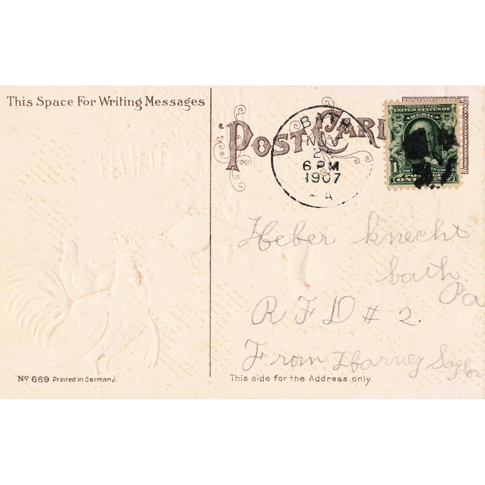 Thanksgiving Greetings Postcard Turkey Rooster Farmyard Embossed 1907 Germany - Picture 2 of 2